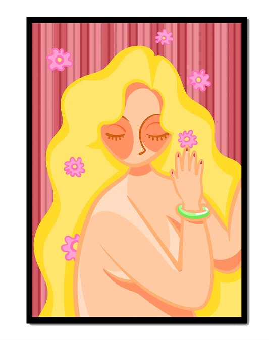 Abstract illustration of a serene woman with long blond hair and flowers