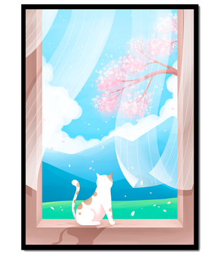 Serene scene with cat gazing out at cherry blossoms through window