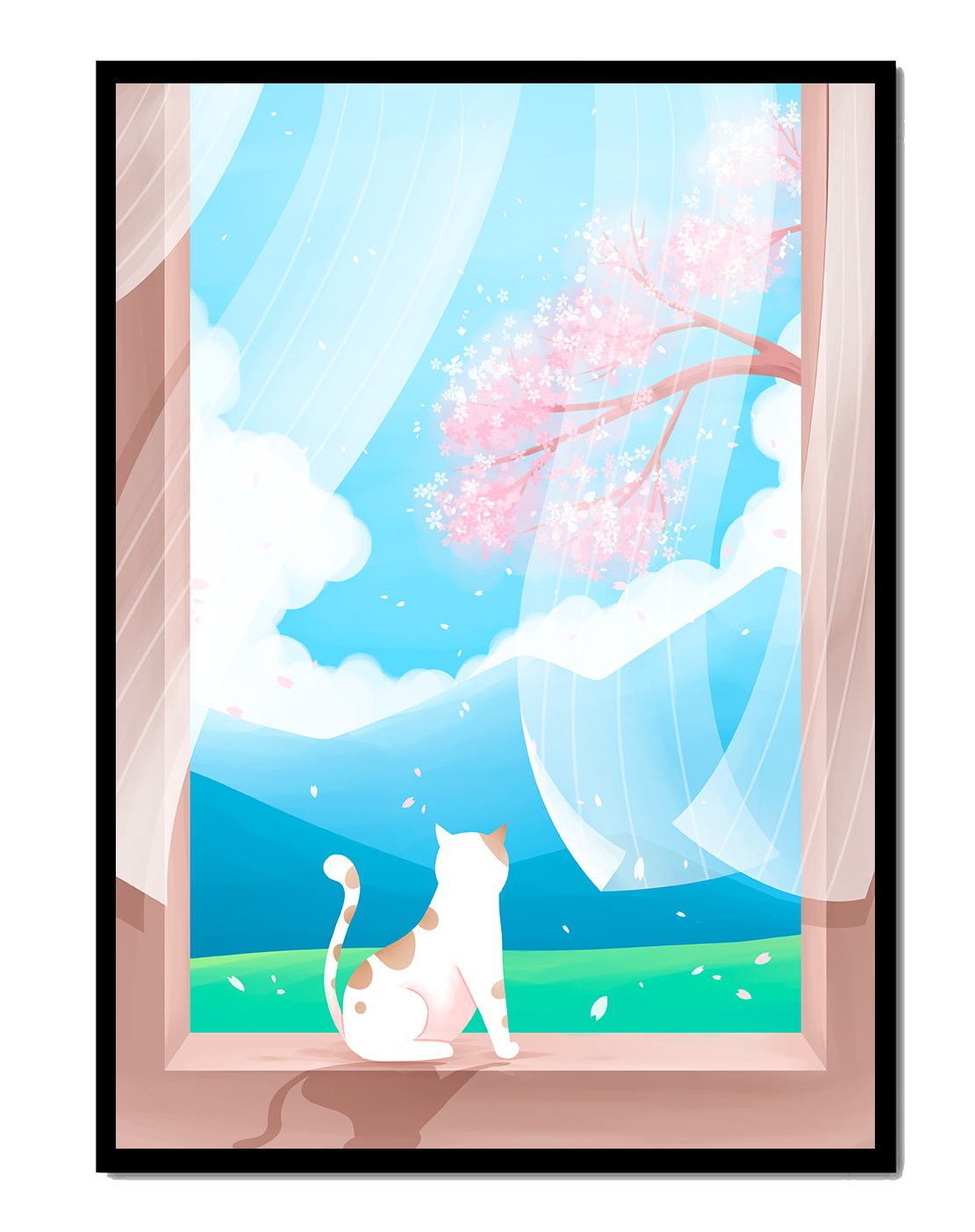 Serene scene with cat gazing out at cherry blossoms through window