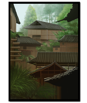 Traditional Japanese Architectural Scene with Lush Greenery