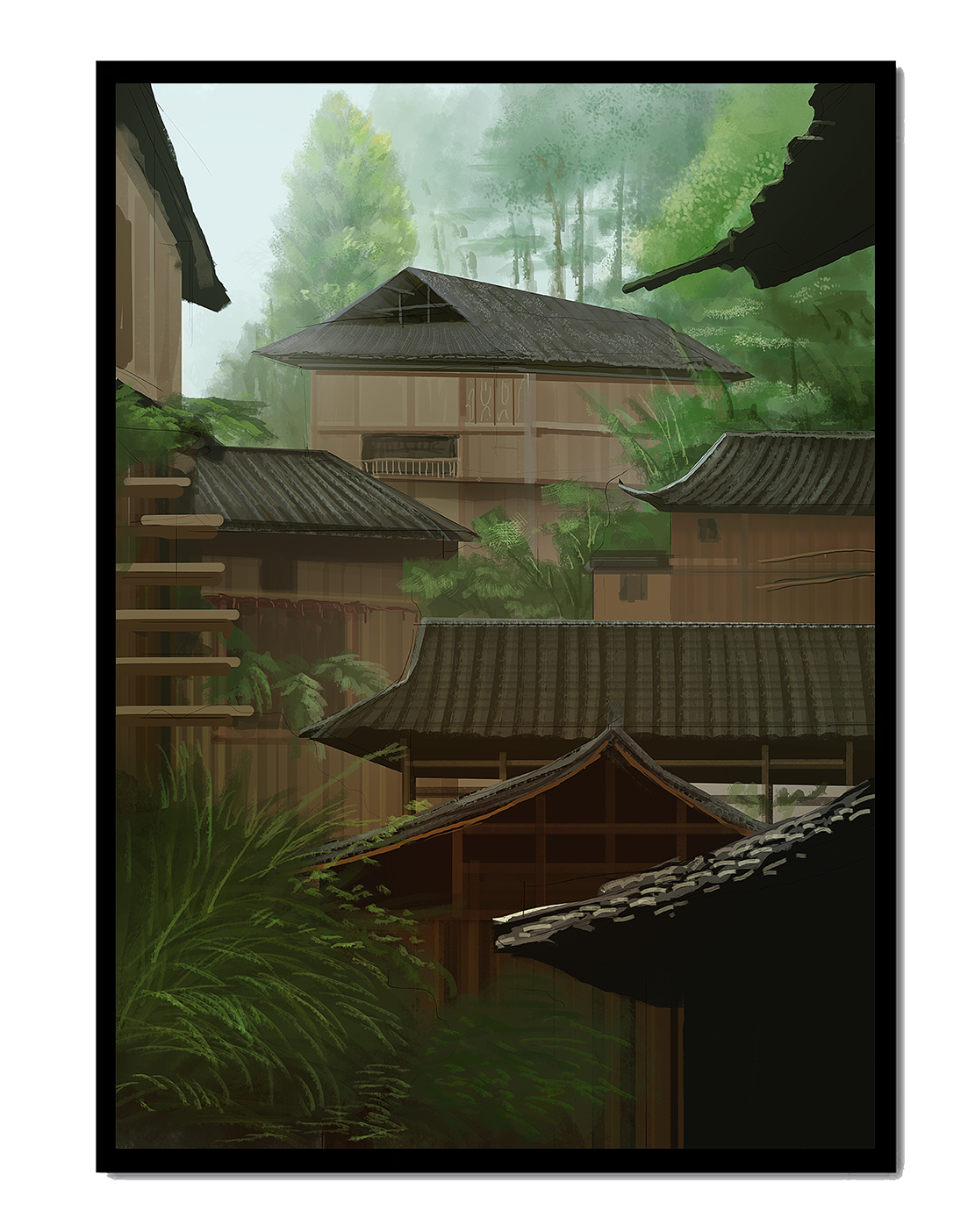 Traditional Japanese Architectural Scene with Lush Greenery
