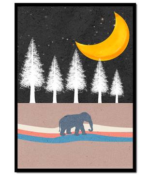 Serene Night Scene with Elephant Under Golden Moon in Forest - Mi tienda
