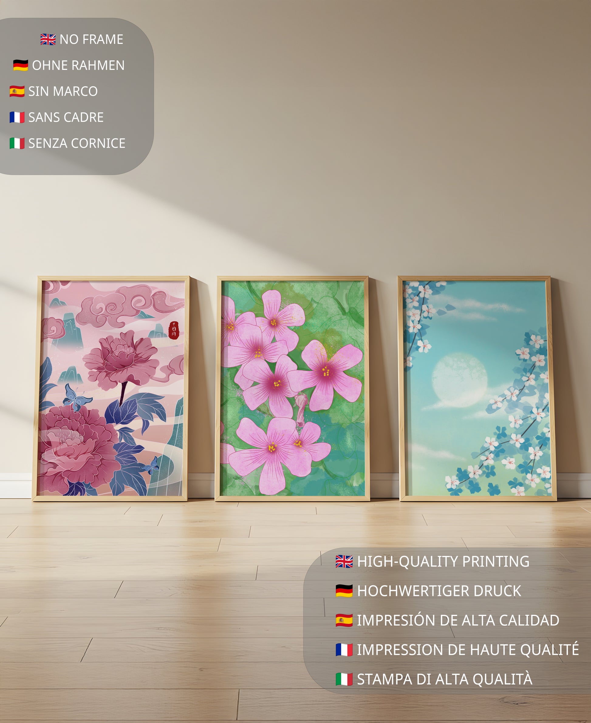 Buntes florales Triptychon mit Naturinspirationen