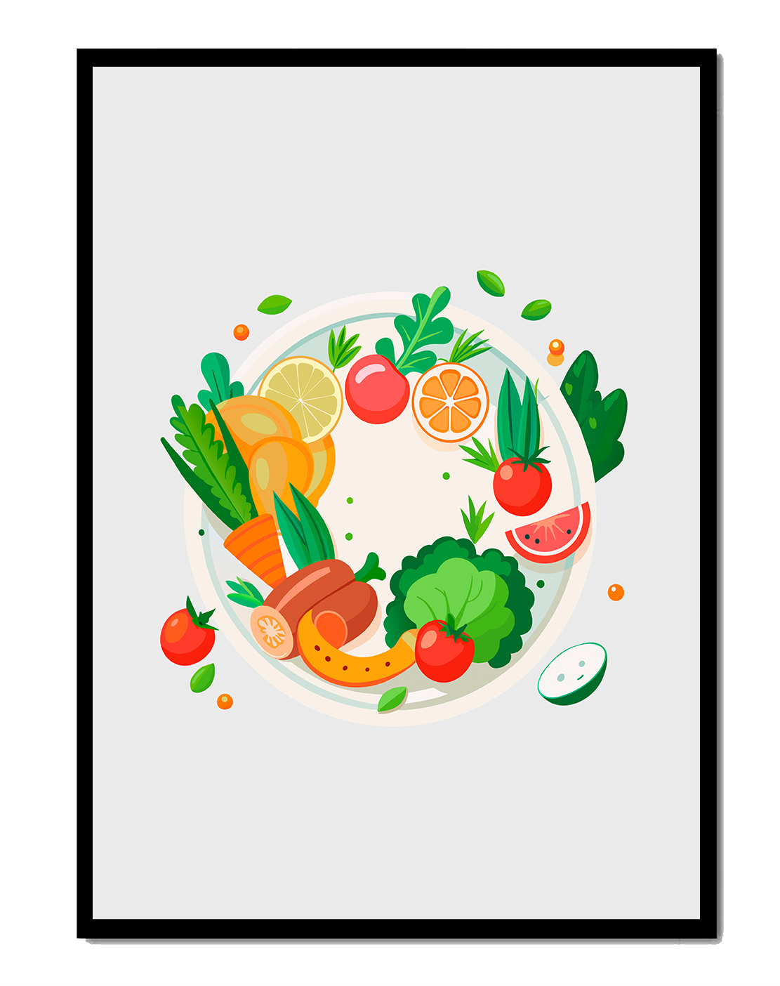 Illustration of a colorful plate of fresh fruits and vegetables