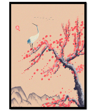 Elegant crane on cherry blossom tree with mountainous background