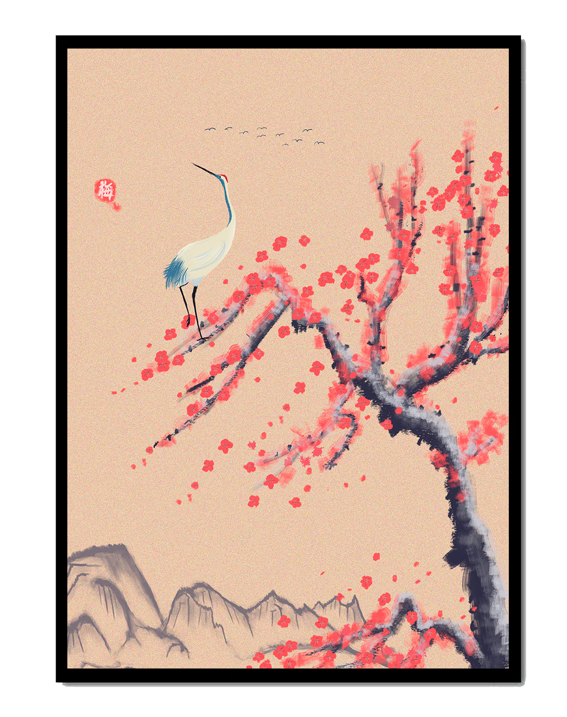 Elegant crane on cherry blossom tree with mountainous background