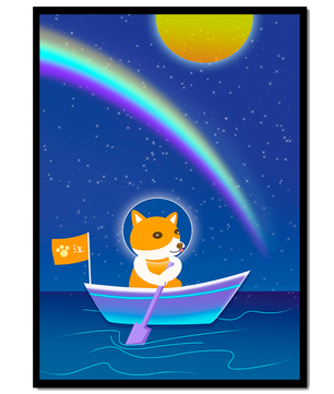 Dog in a Boat Under a Starry Sky with a Rainbow and Sun - Mi tienda