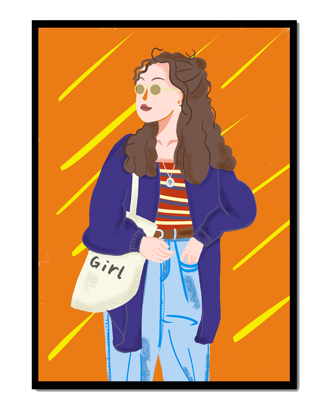 Stylish woman in casual attire with sunglasses and tote bag on orange background