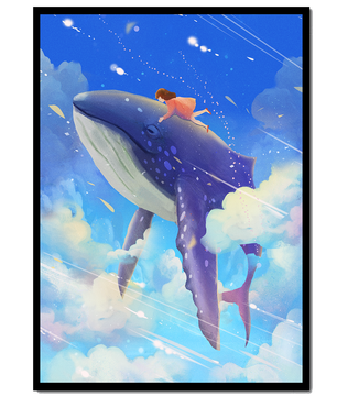 Illustration onirique d'une fille chevauchant une baleine à travers le ciel