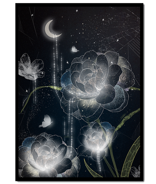 Fleur nocturne avec floraisons au clair de lune et papillon illuminé