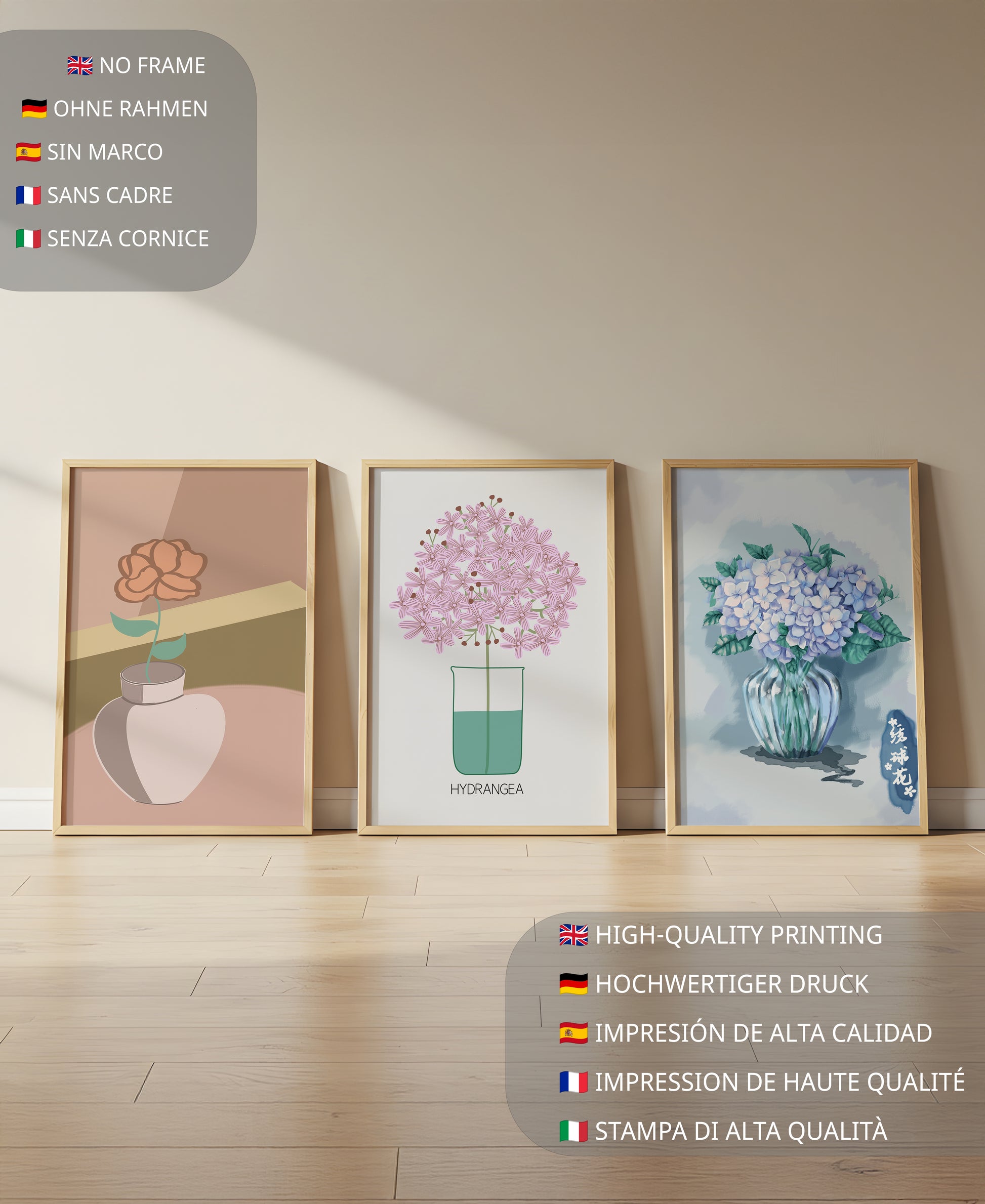 Conjunto De Impresiones Artísticas Con Flores En Marcos De Madera