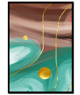 Composición abstracta con elementos dorados sobre fondo turquesa y marrón