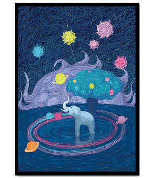 Éléphant fantastique avec arbre et fond cosmique