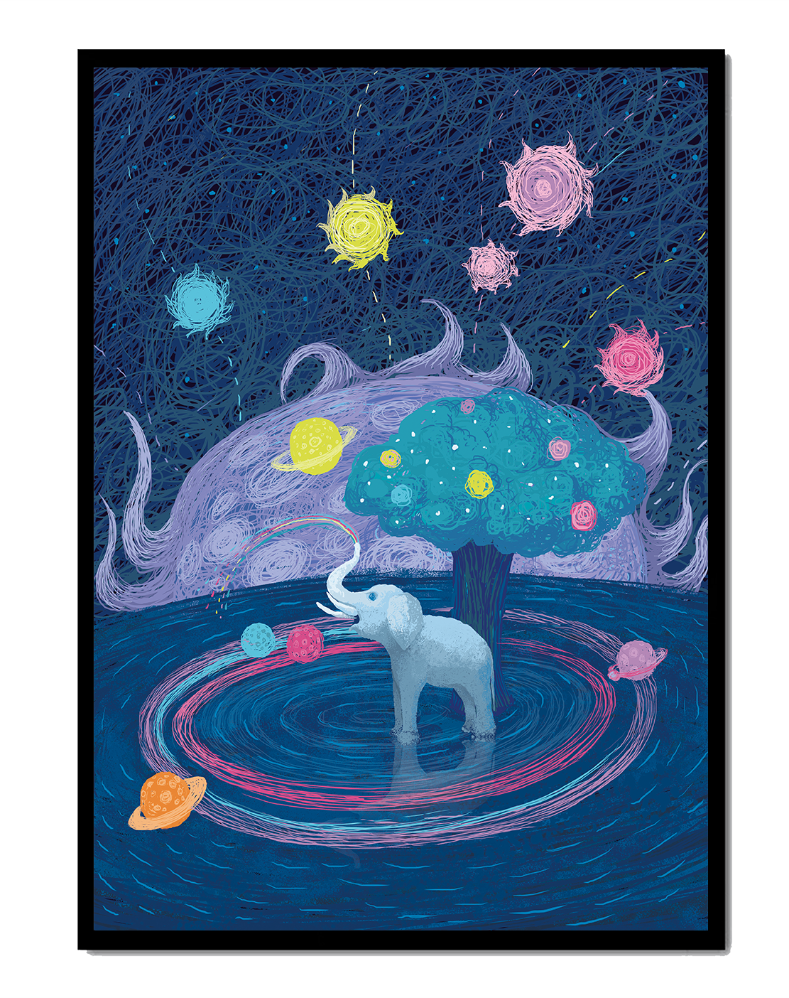 Éléphant fantastique avec arbre et fond cosmique
