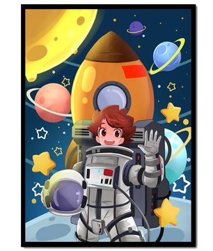 Young Astronaut with Rocket and Planets in Space Adventure