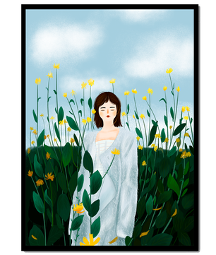 Femme en manteau blanc parmi les fleurs jaunes