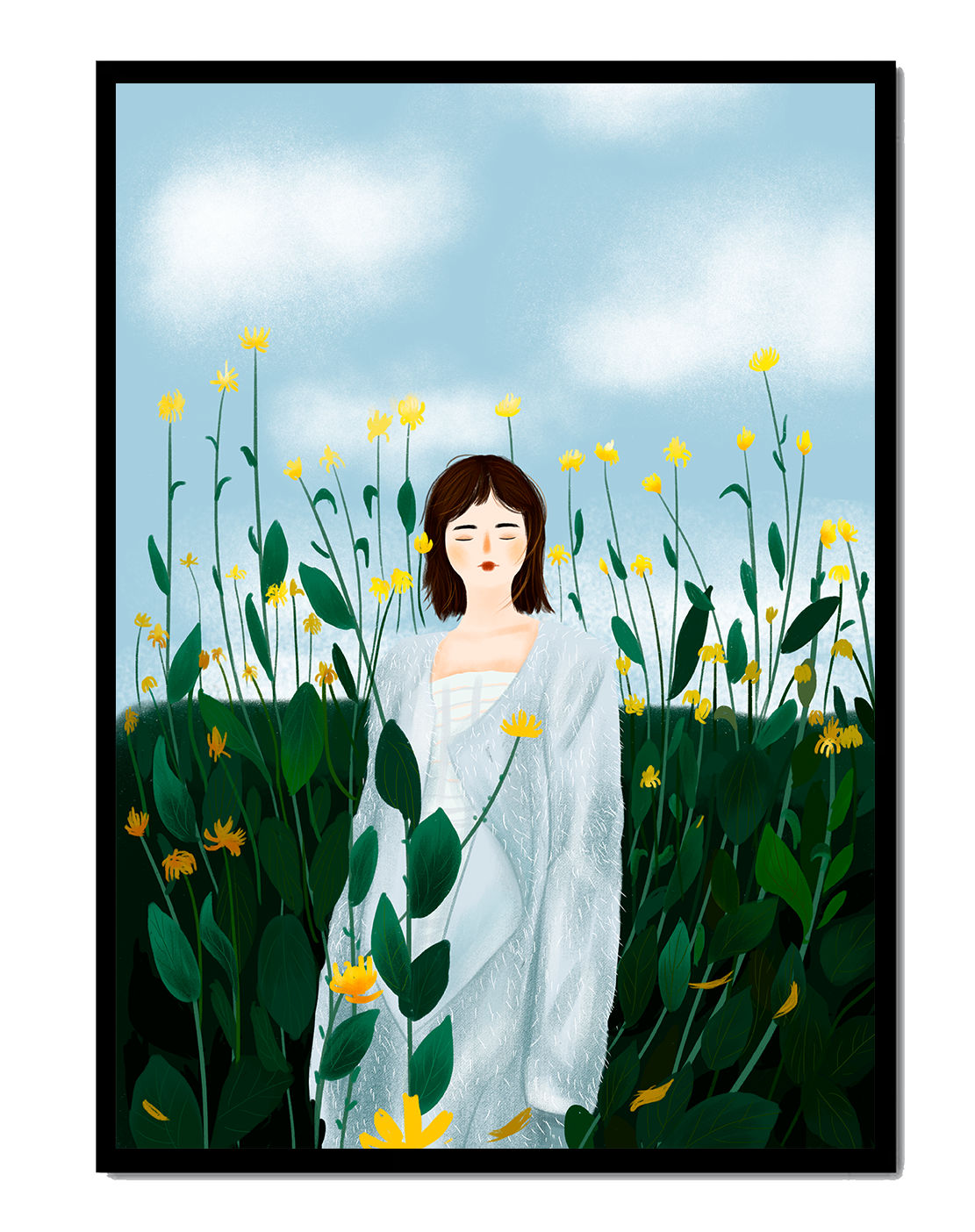 Mujer con abrigo blanco entre flores amarillas