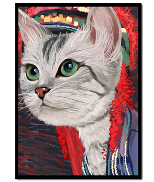 Illustrated cat portrait with colorful accents