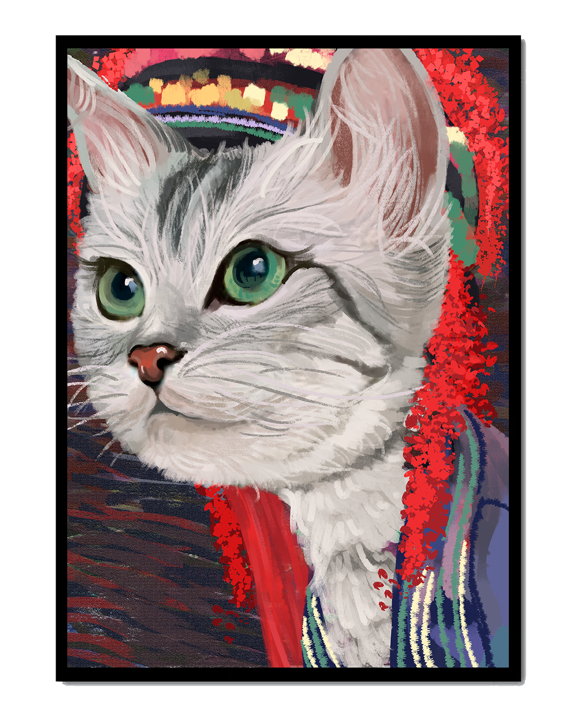 Illustrated cat portrait with colorful accents