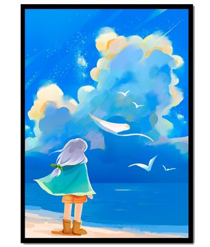 Young person gazing at a vibrant seaside sky with birds flying