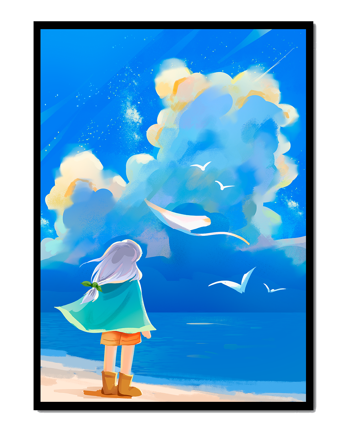 Young person gazing at a vibrant seaside sky with birds flying