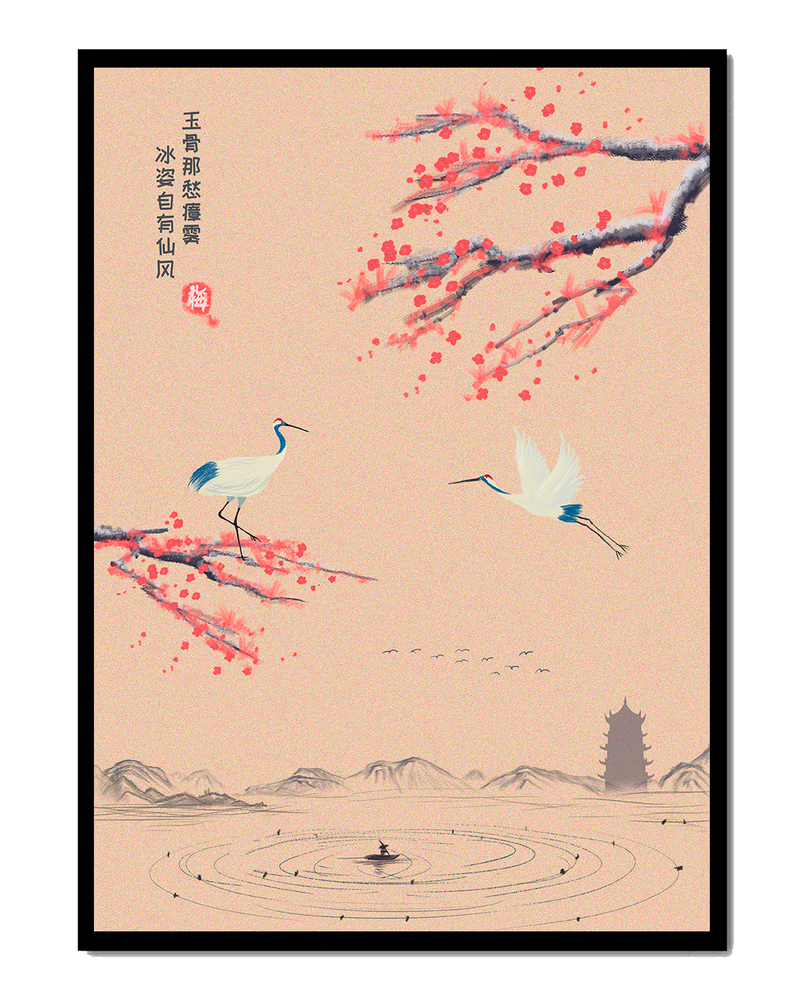 Elegant Asian landscape with cranes and cherry blossom branches