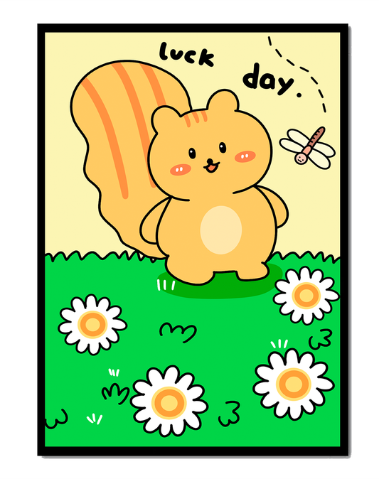 Adorable cartoon squirrel in a daisy-filled field with dragonfly