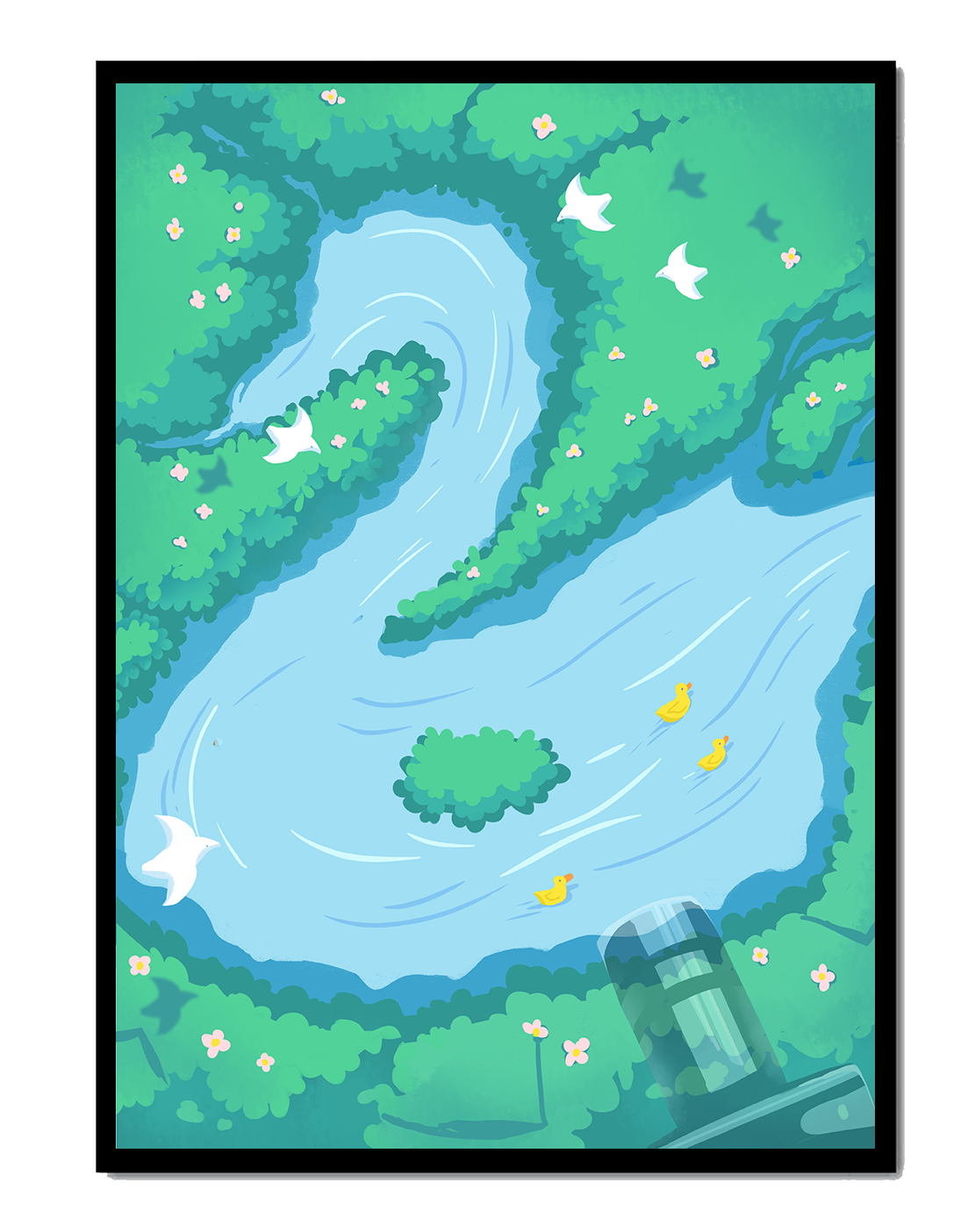 Río sereno con patos y aves en un paisaje exuberante