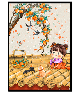 Charming illustration of a child with cats on a rooftop beneath a fruit tree