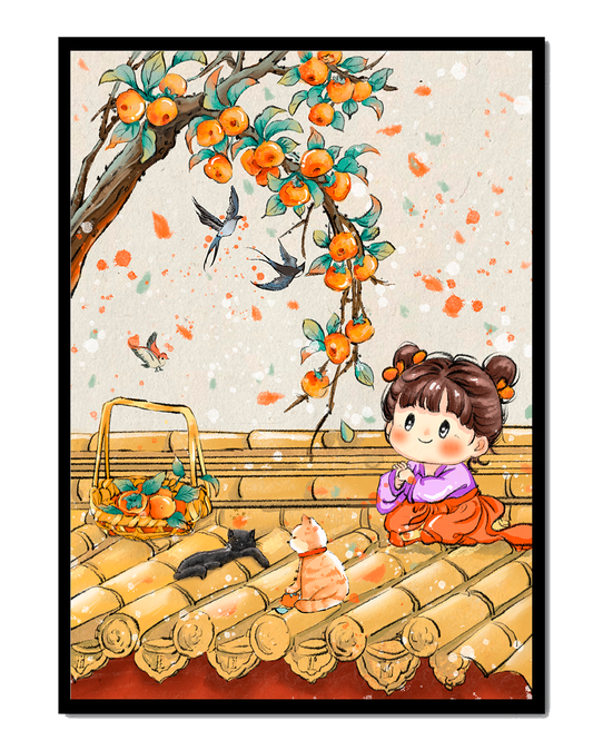 Charming illustration of a child with cats on a rooftop beneath a fruit tree