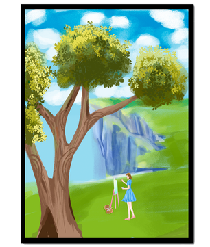 Young woman painting near a tree by a waterfall with a vibrant sky