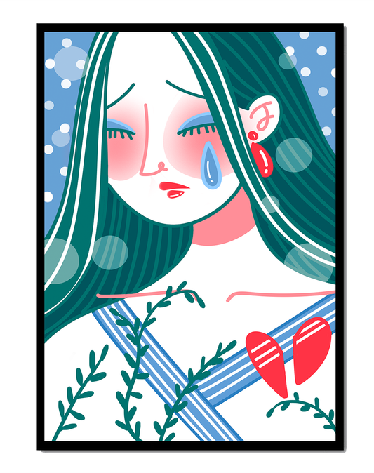 Illustration of a sad woman with a broken heart