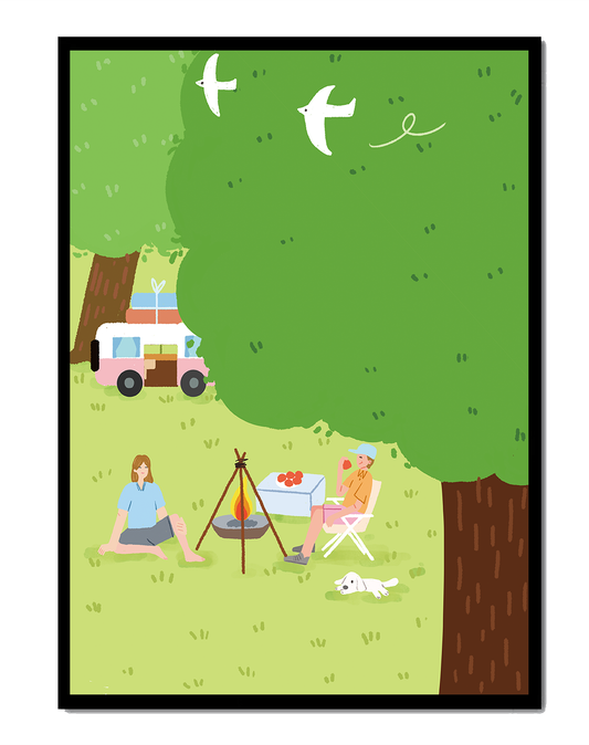 Relaxing Picnic Scene in a Bright Green Park with People, Dog, and Birds