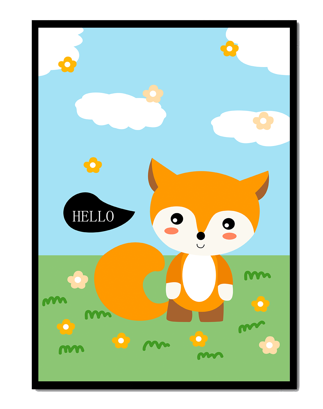 Illustrated cartoon fox greeting with flowers and clouds in playful background