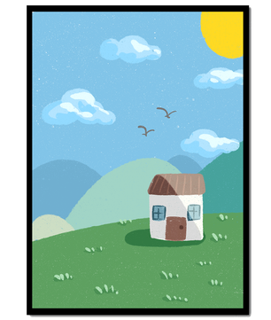 Illustration of a small house on a sunny hillside with clouds in a blue sky