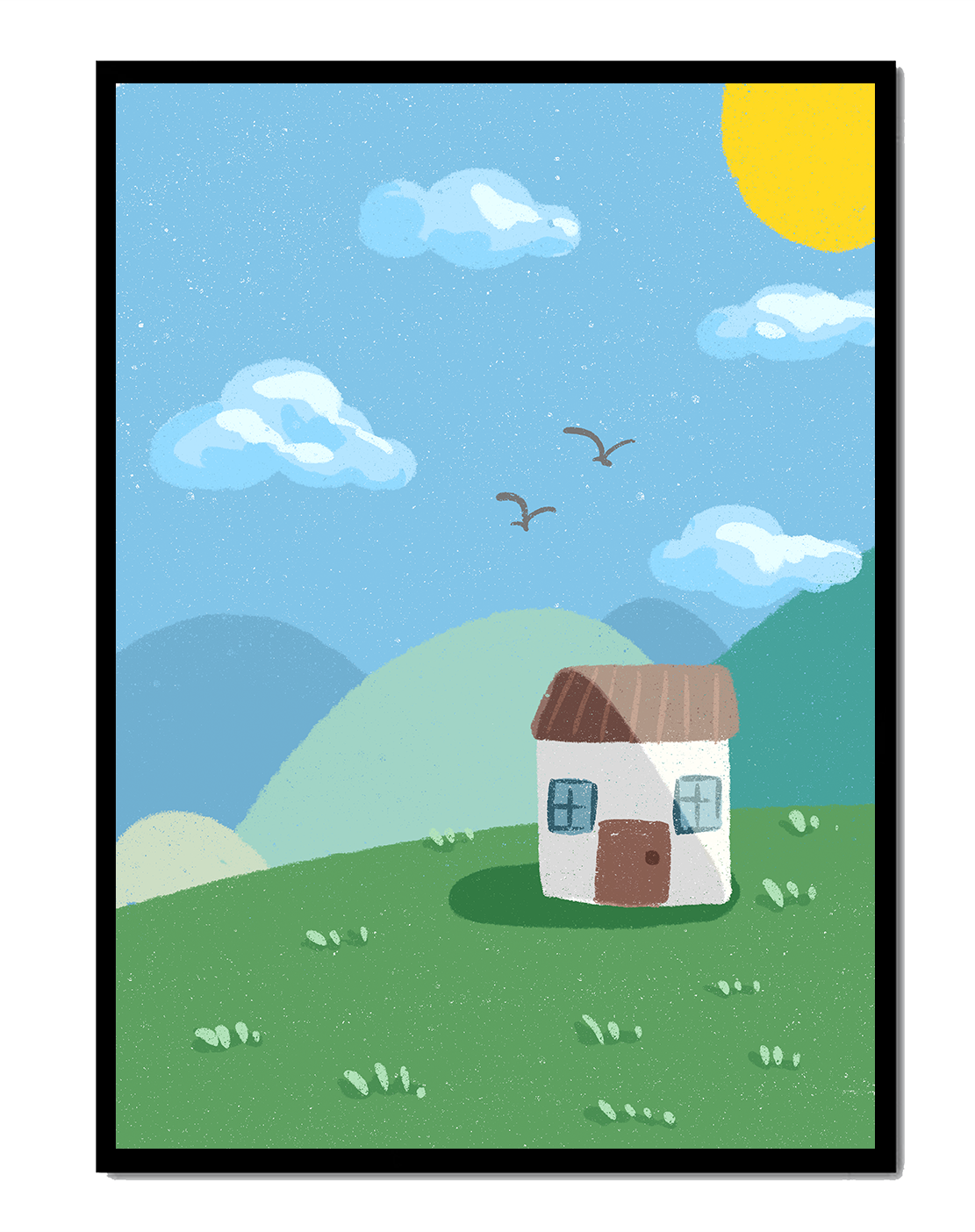 Illustration of a small house on a sunny hillside with clouds in a blue sky