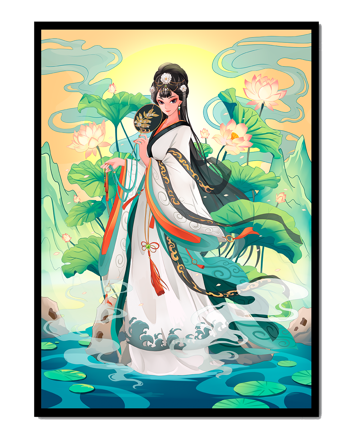 Elegant woman in traditional attire with lotus flowers and serene backdrop