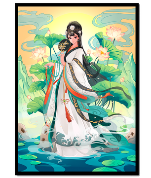 Femme élégante en tenue traditionnelle avec des fleurs de lotus et un décor serein