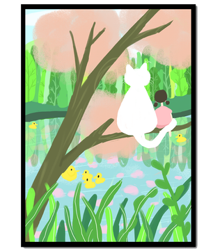 Encantadora ilustración al pastel de una niña y un gato junto a un estanque tranquilo