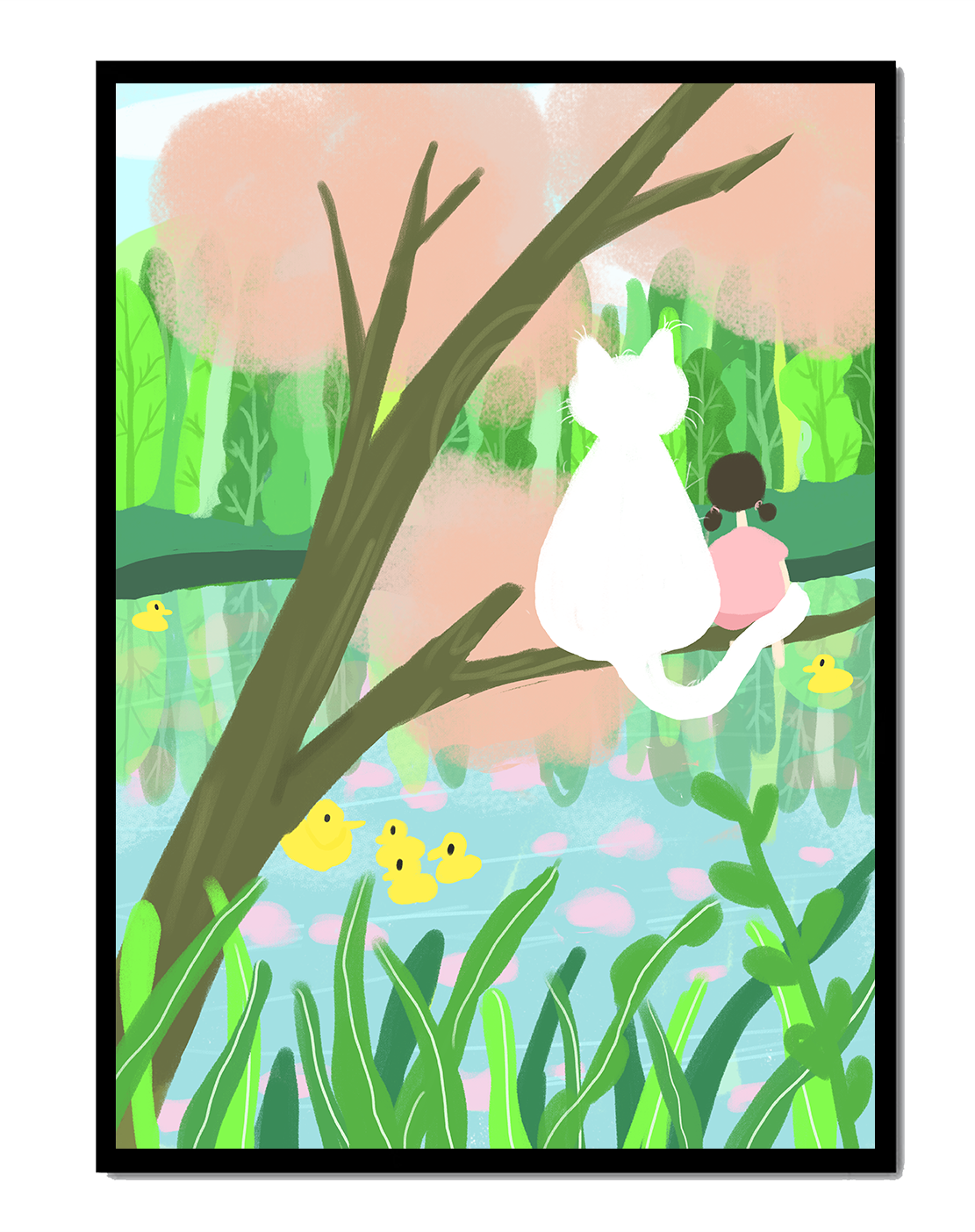 Charming Pastel Illustration of Girl and Cat by a Tranquil Pond