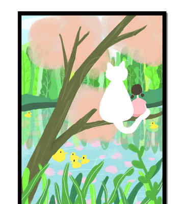 Charming Pastel Illustration of Girl and Cat by a Tranquil Pond