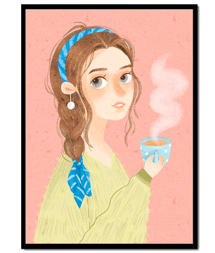 Illustration d'une fille avec un bandeau tenant une tasse fumante