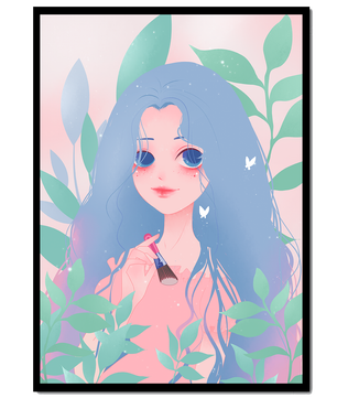 Illustration of a blue-haired girl surrounded by greenery