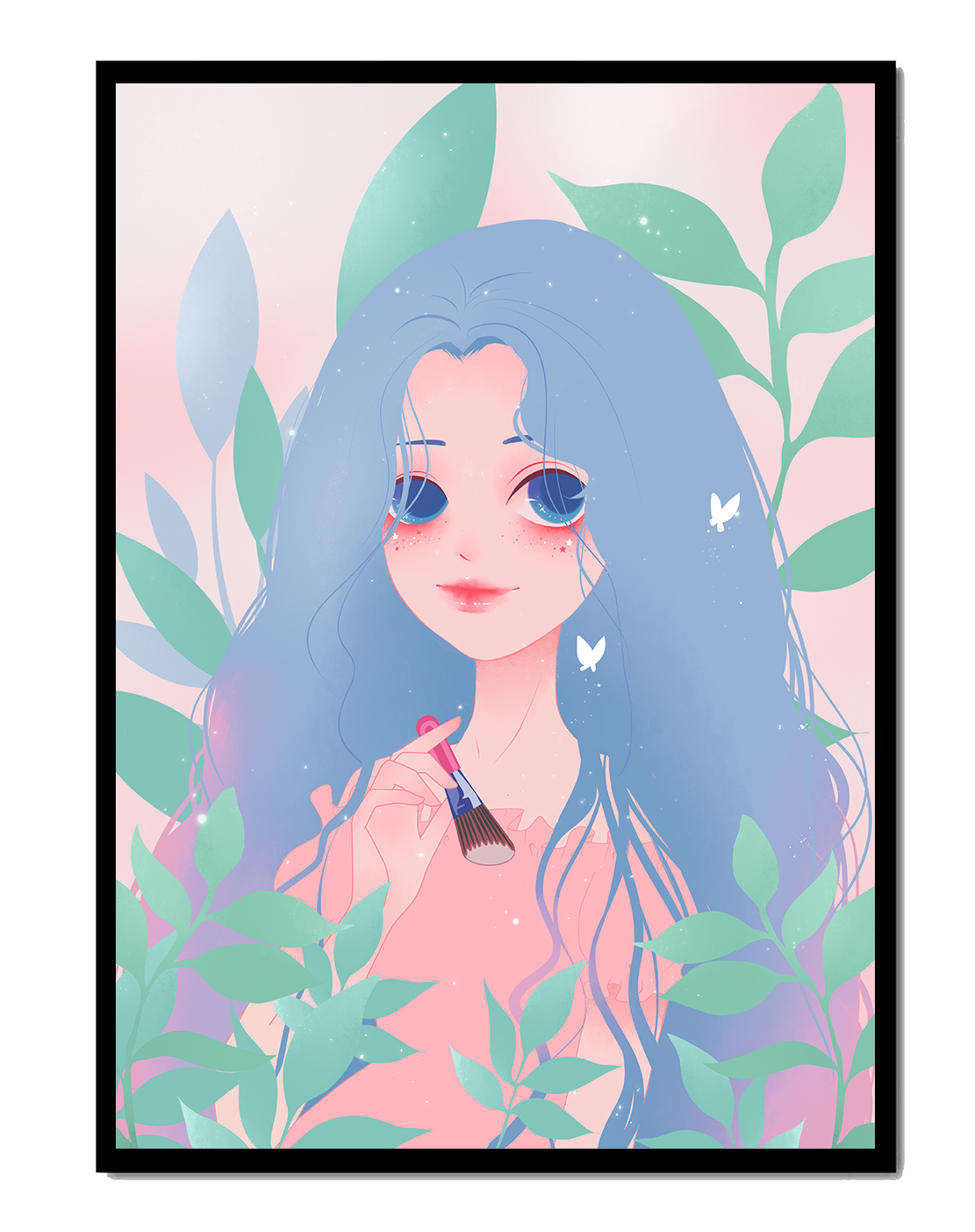 Illustration of a blue-haired girl surrounded by greenery