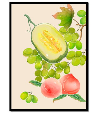 Ilustración de frutas vibrantes que incluye uvas, melón y duraznos