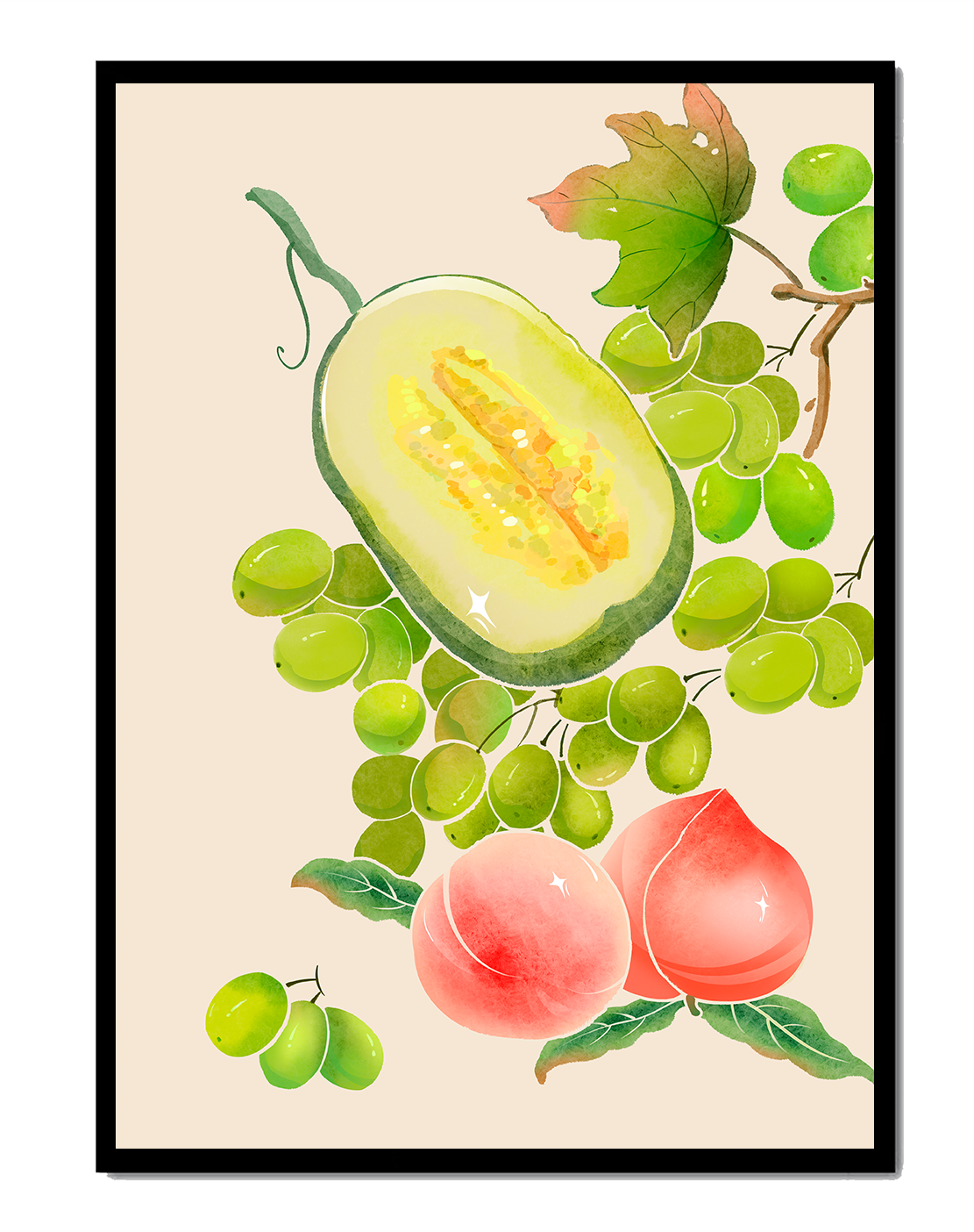 Ilustración de frutas vibrantes que incluye uvas, melón y duraznos