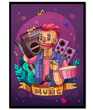Illustration colorée sur le thème de la musique avec un personnage et des instruments