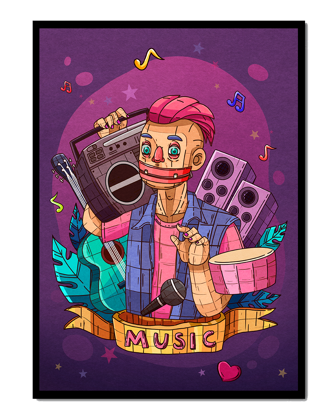 Illustration colorée sur le thème de la musique avec un personnage et des instruments