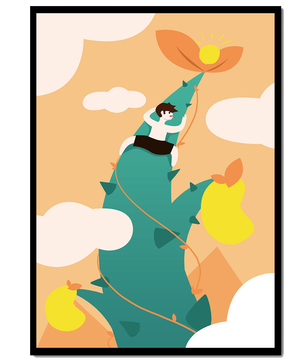 Man Climbing Giant Beanstalk Reaching to Sun in Minimalist Style - Mi tienda