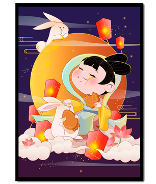 Illustration de déesse de la lune avec des lapins et des lanternes sur fond de mi-automne